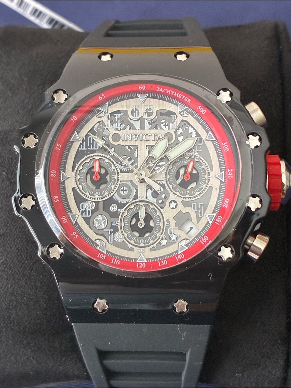 Invicta Black and Red Skeleton Dial Chronograph Watch
